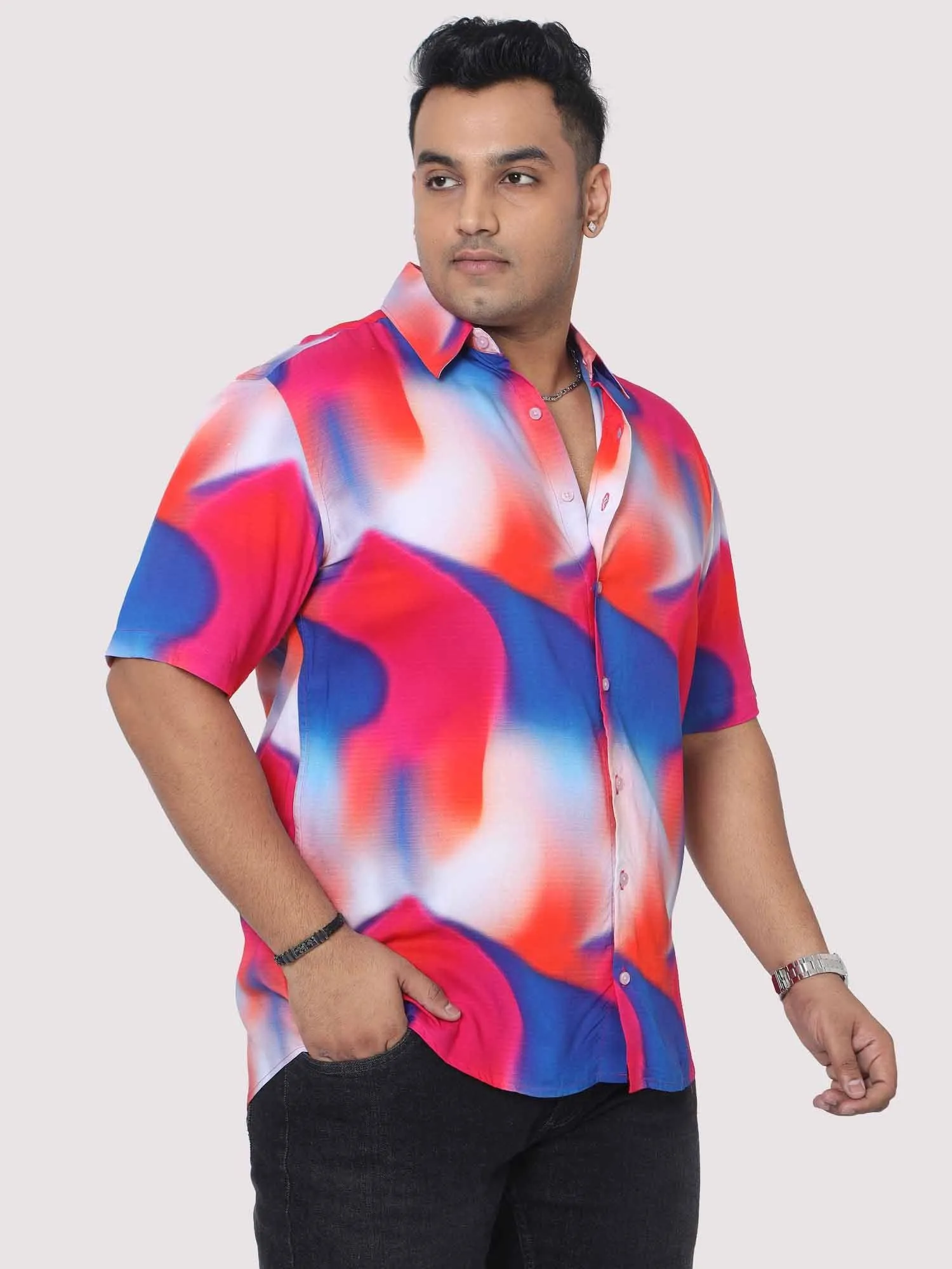 Men Plus Size Volcano Blue Digital Printed Half Shirt