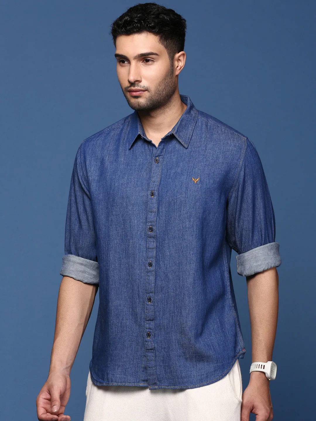 Men Solid Navy Blue Slim Fit Shirt