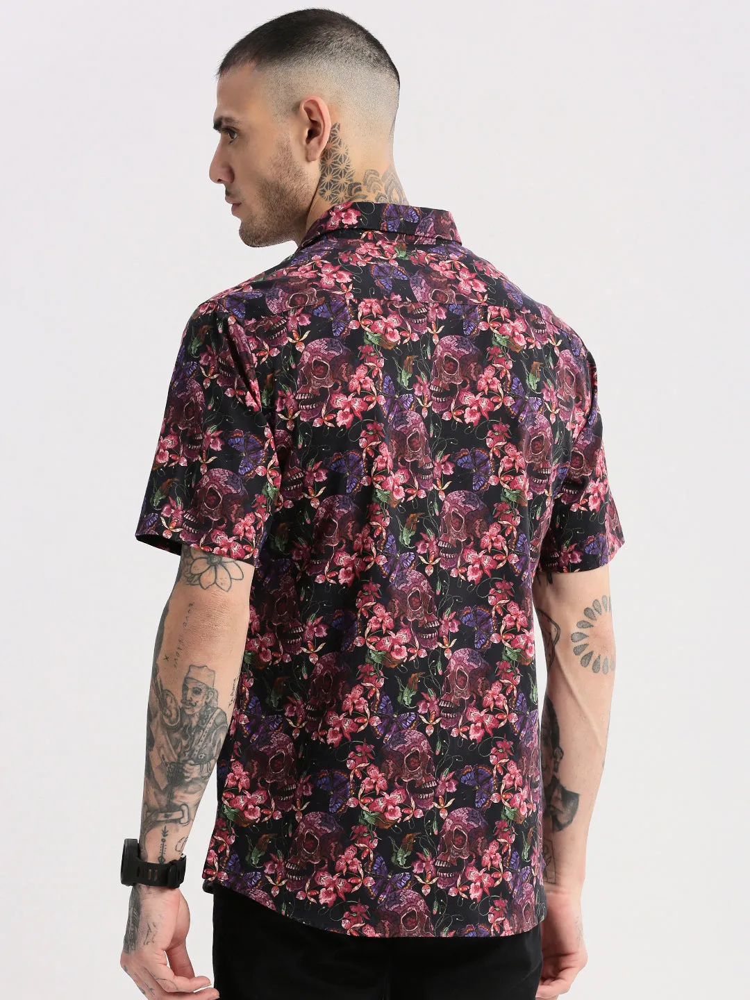 Men Spread Collar Floral Pink Casual Shirt