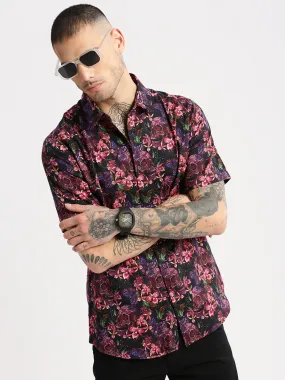 Men Spread Collar Floral Pink Casual Shirt