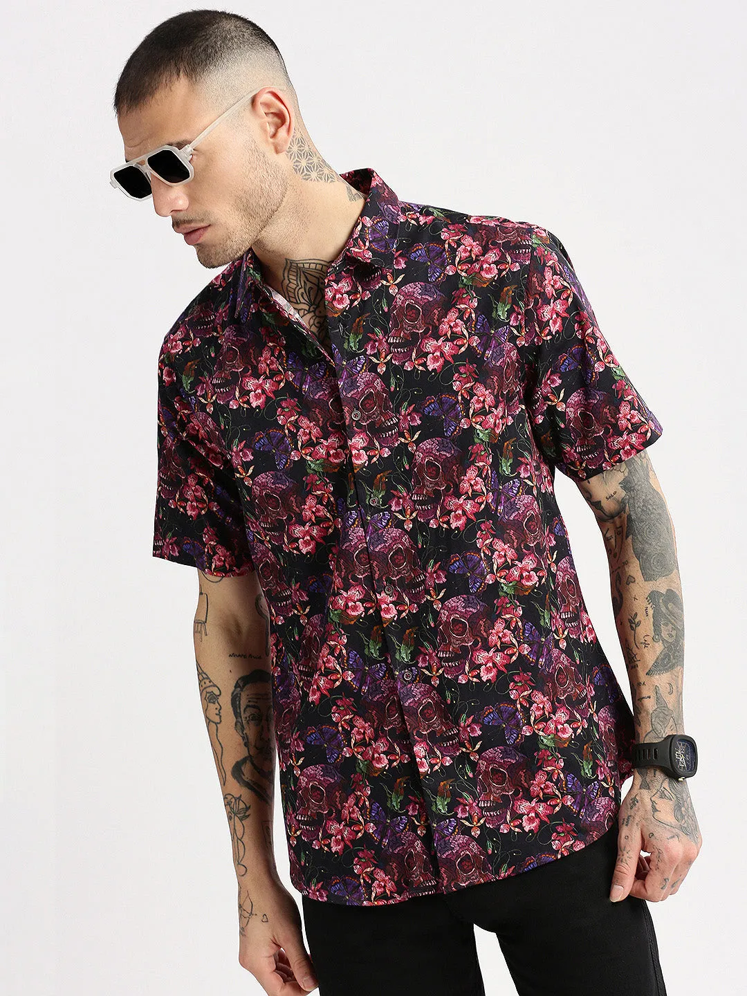 Men Spread Collar Floral Pink Casual Shirt