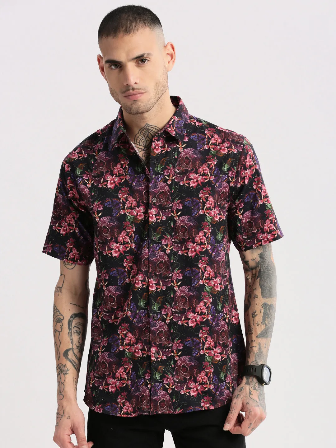 Men Spread Collar Floral Pink Casual Shirt