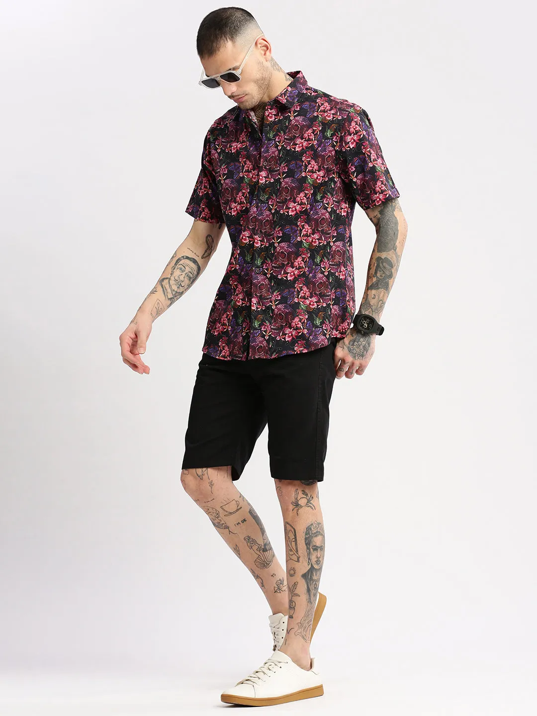 Men Spread Collar Floral Pink Casual Shirt