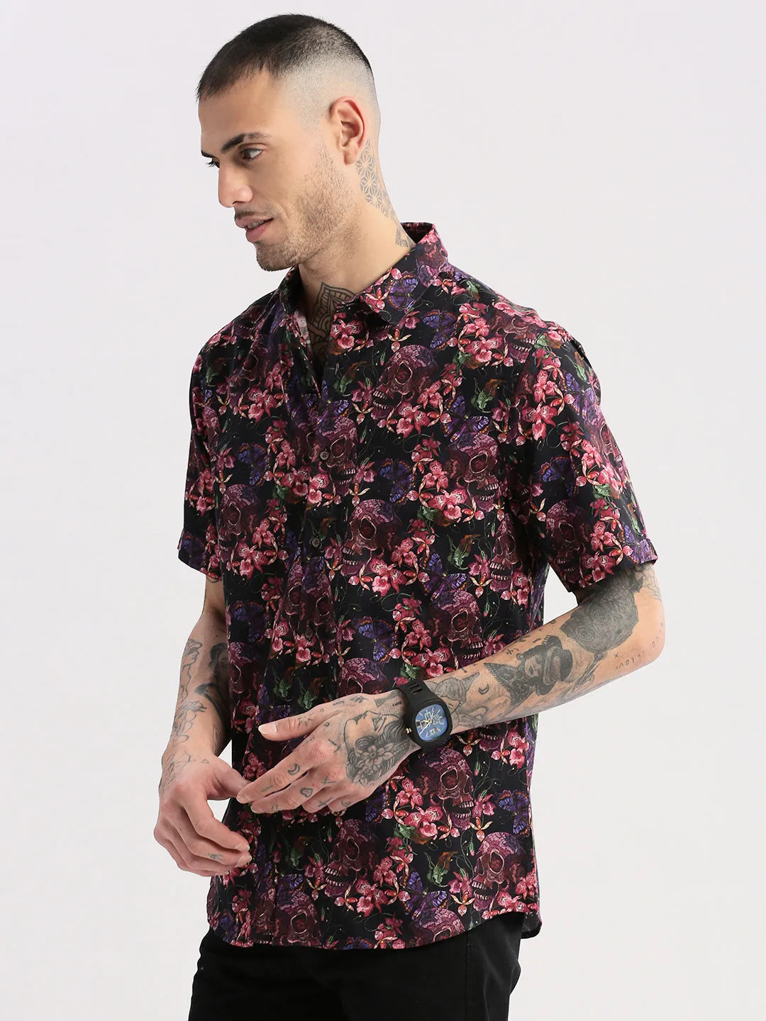 Men Spread Collar Floral Pink Casual Shirt