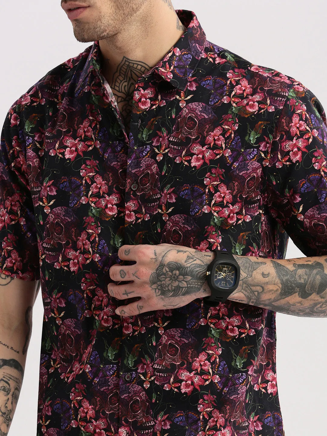 Men Spread Collar Floral Pink Casual Shirt