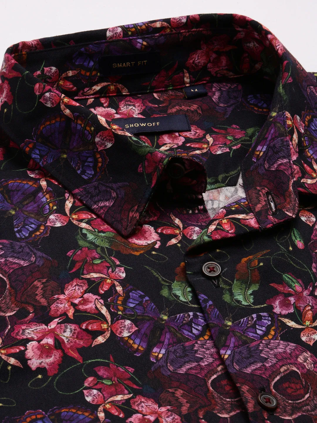 Men Spread Collar Floral Pink Casual Shirt