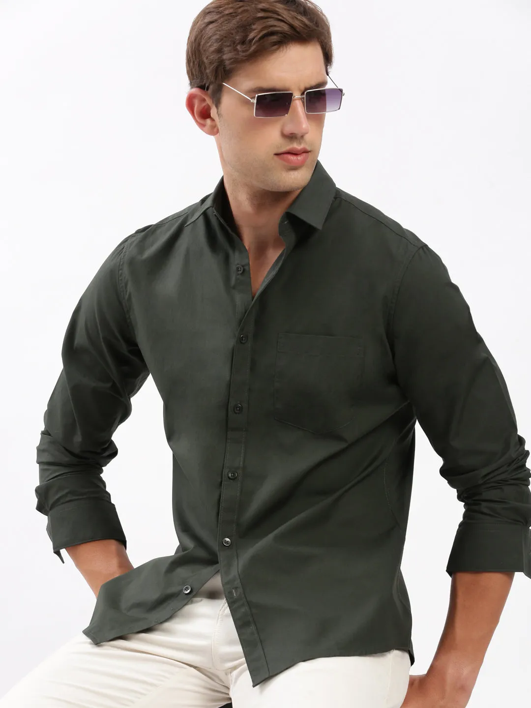 Men Spread Collar Solid Green Shirt