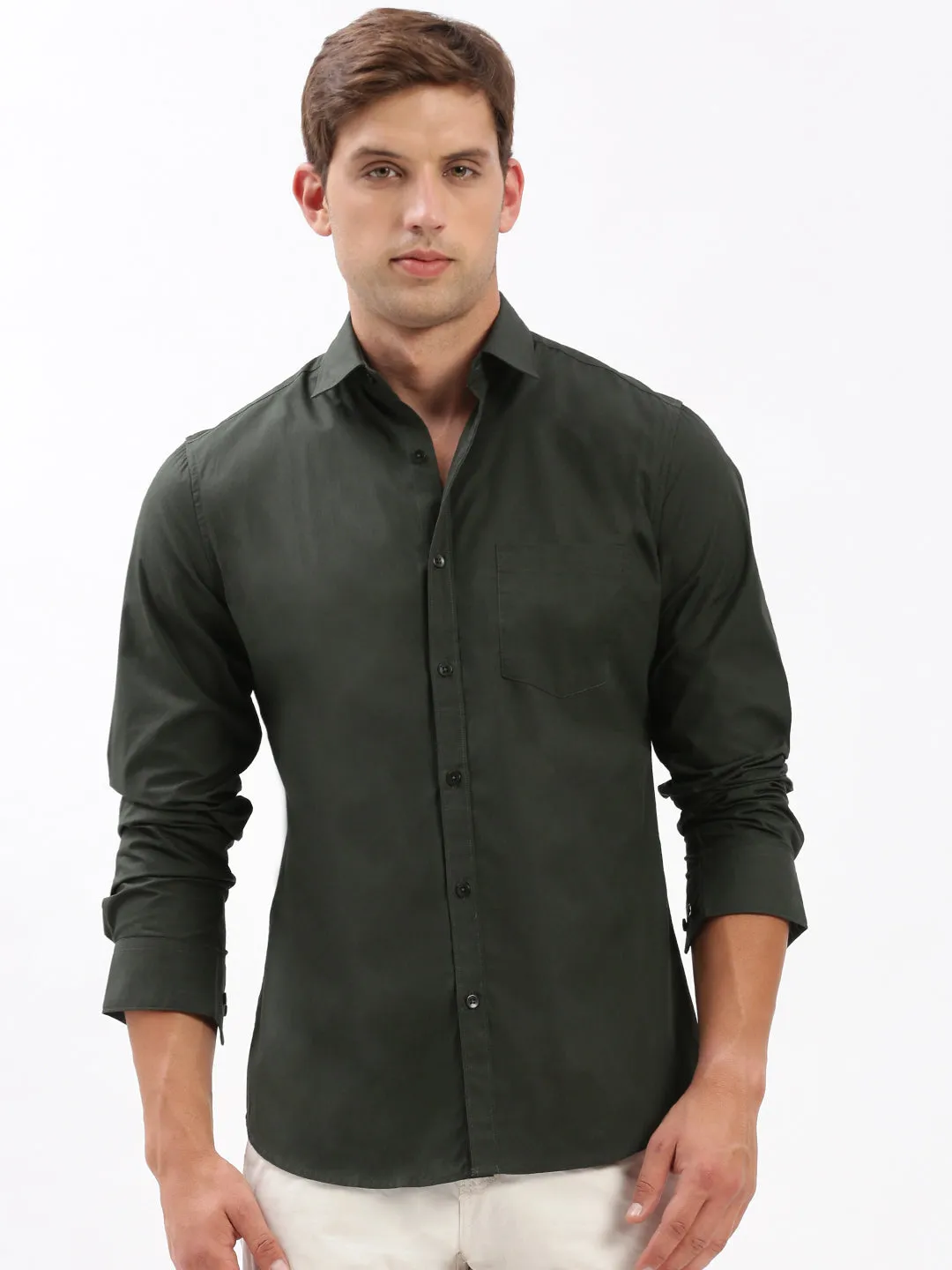 Men Spread Collar Solid Green Shirt