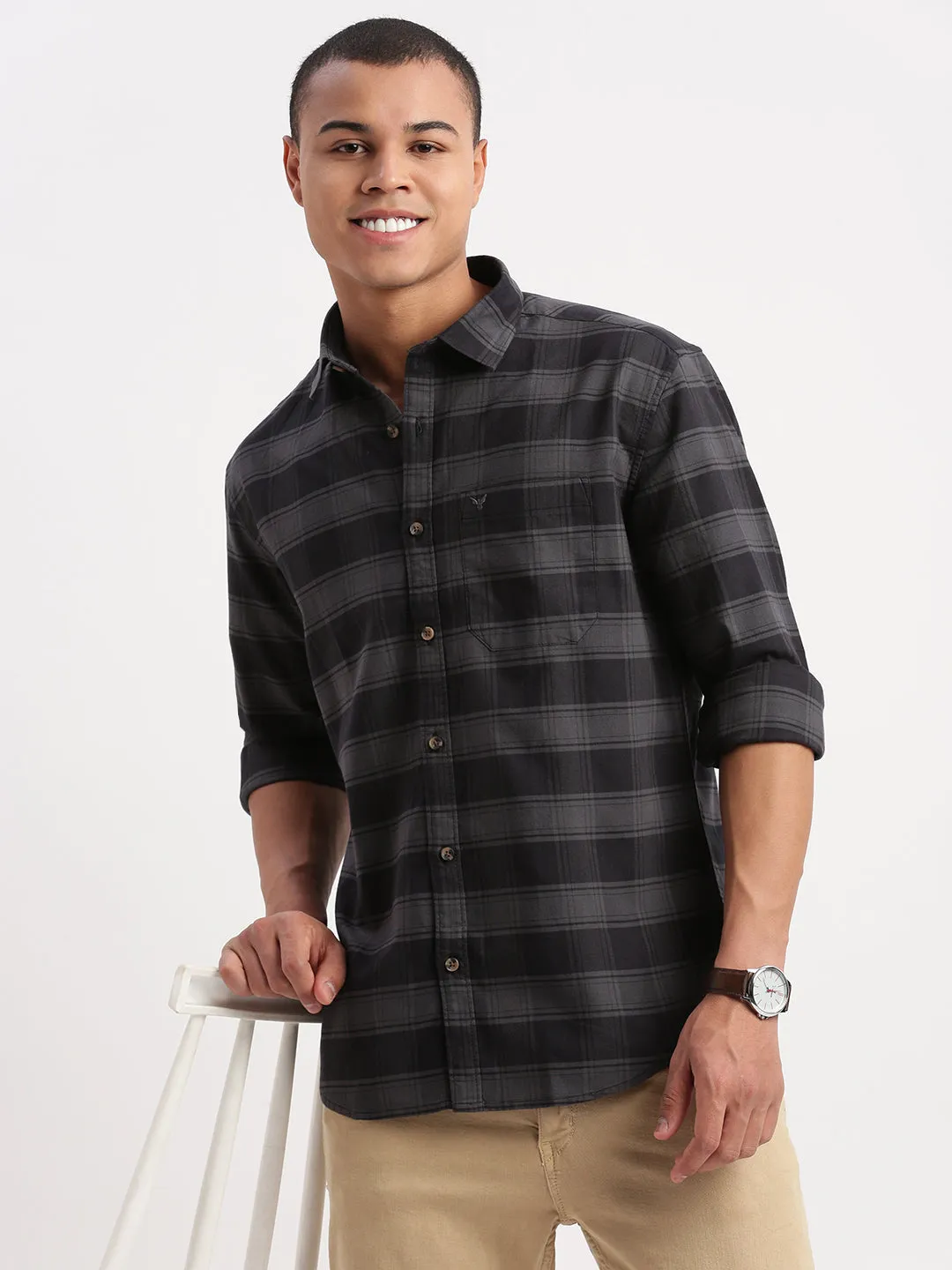 Men Tartan Checks Grey Shirt