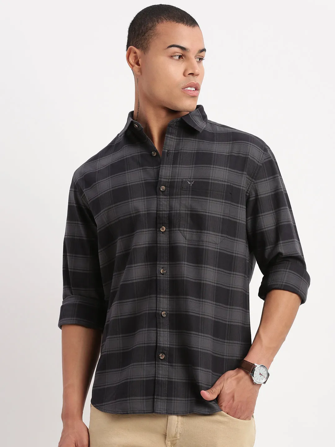 Men Tartan Checks Grey Shirt