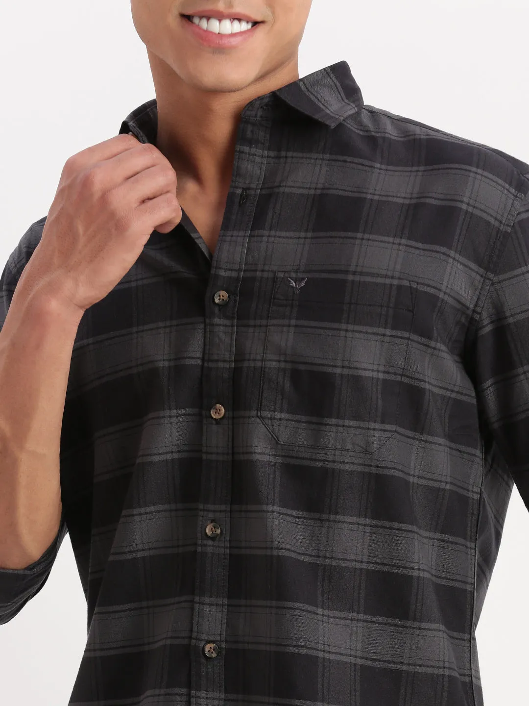 Men Tartan Checks Grey Shirt