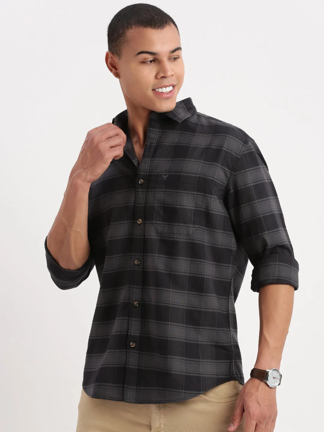 Men Tartan Checks Grey Shirt