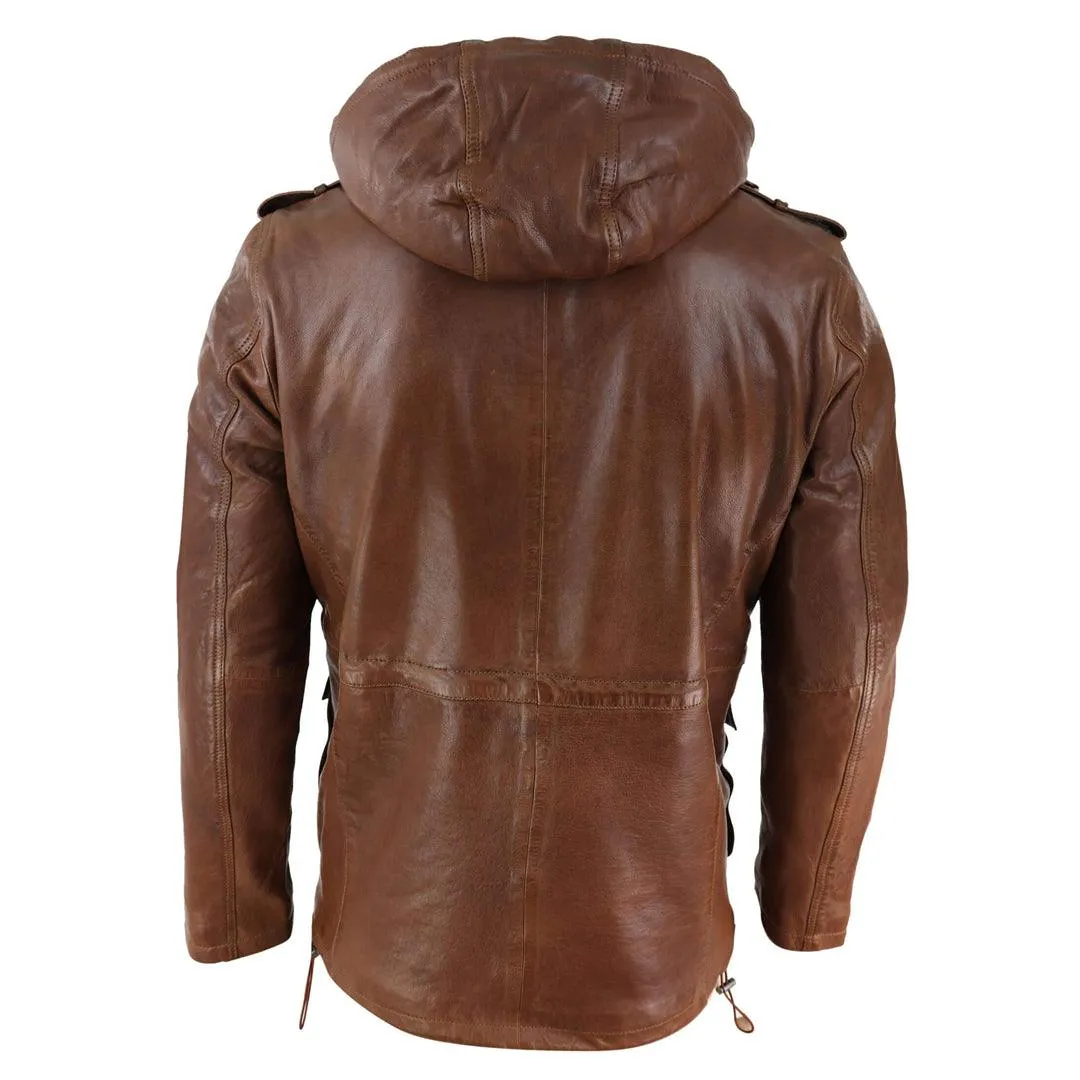 Mens 3/4 Long Real Leather Duffle Jacket Coat Safari Detachable Hood Military