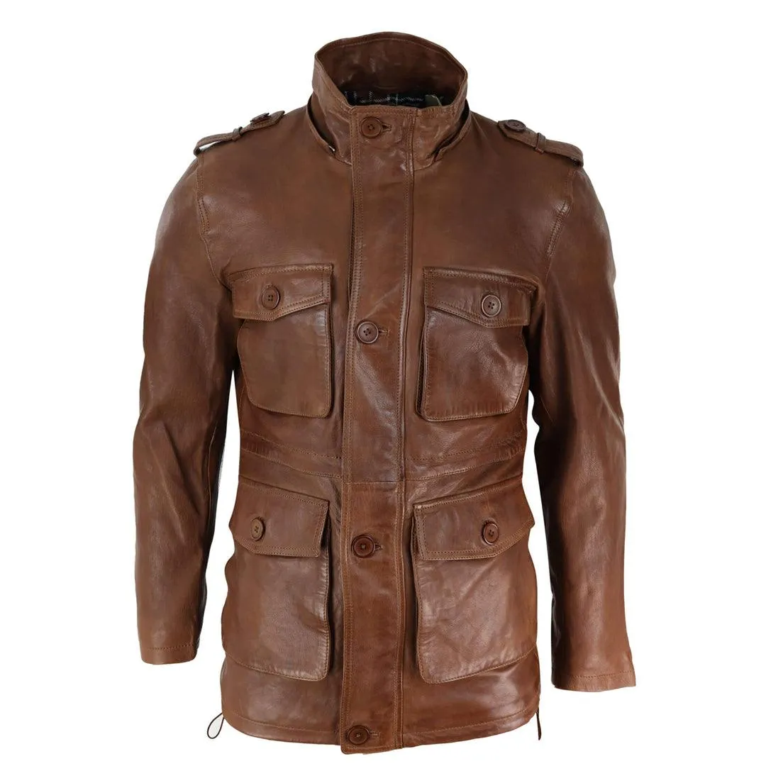 Mens 3/4 Long Real Leather Duffle Jacket Coat Safari Detachable Hood Military