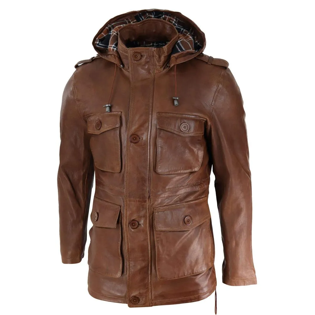 Mens 3/4 Long Real Leather Duffle Jacket Coat Safari Detachable Hood Military