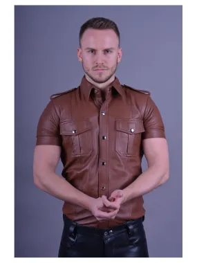 Mens Brown Leather Short Sleeve Button Up Shirt