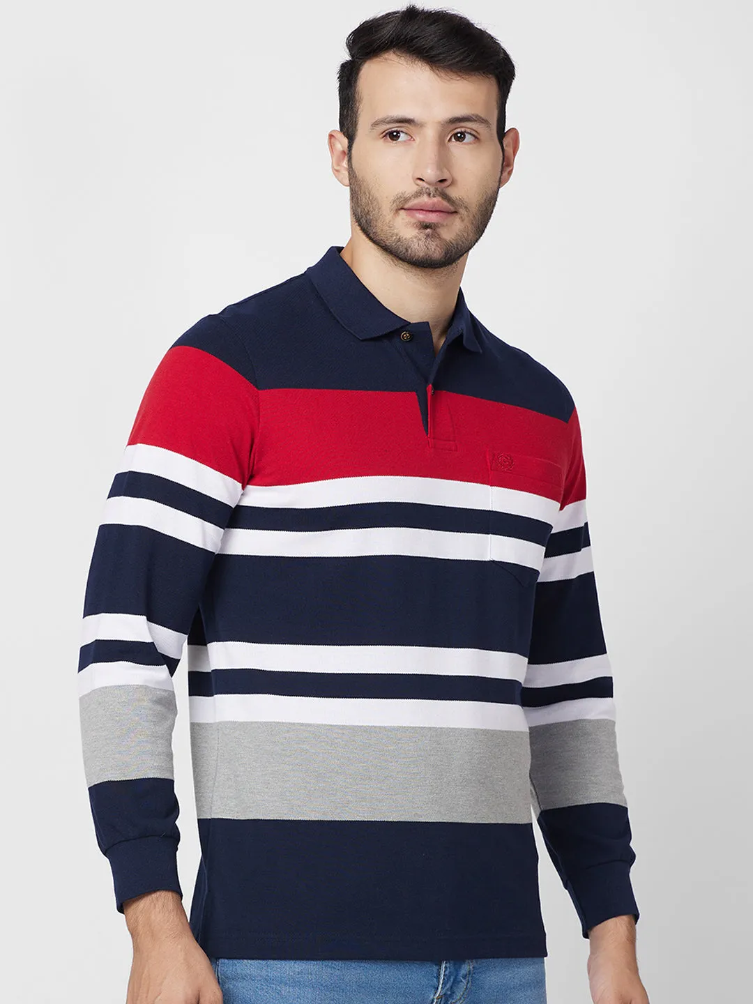 Men's Full Sleeve Striped Pique Polo