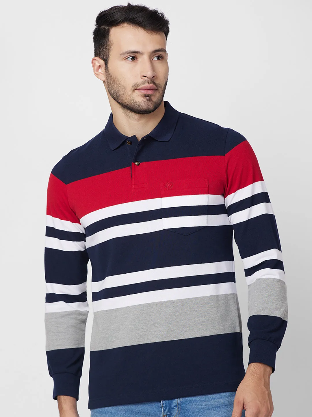 Men's Full Sleeve Striped Pique Polo