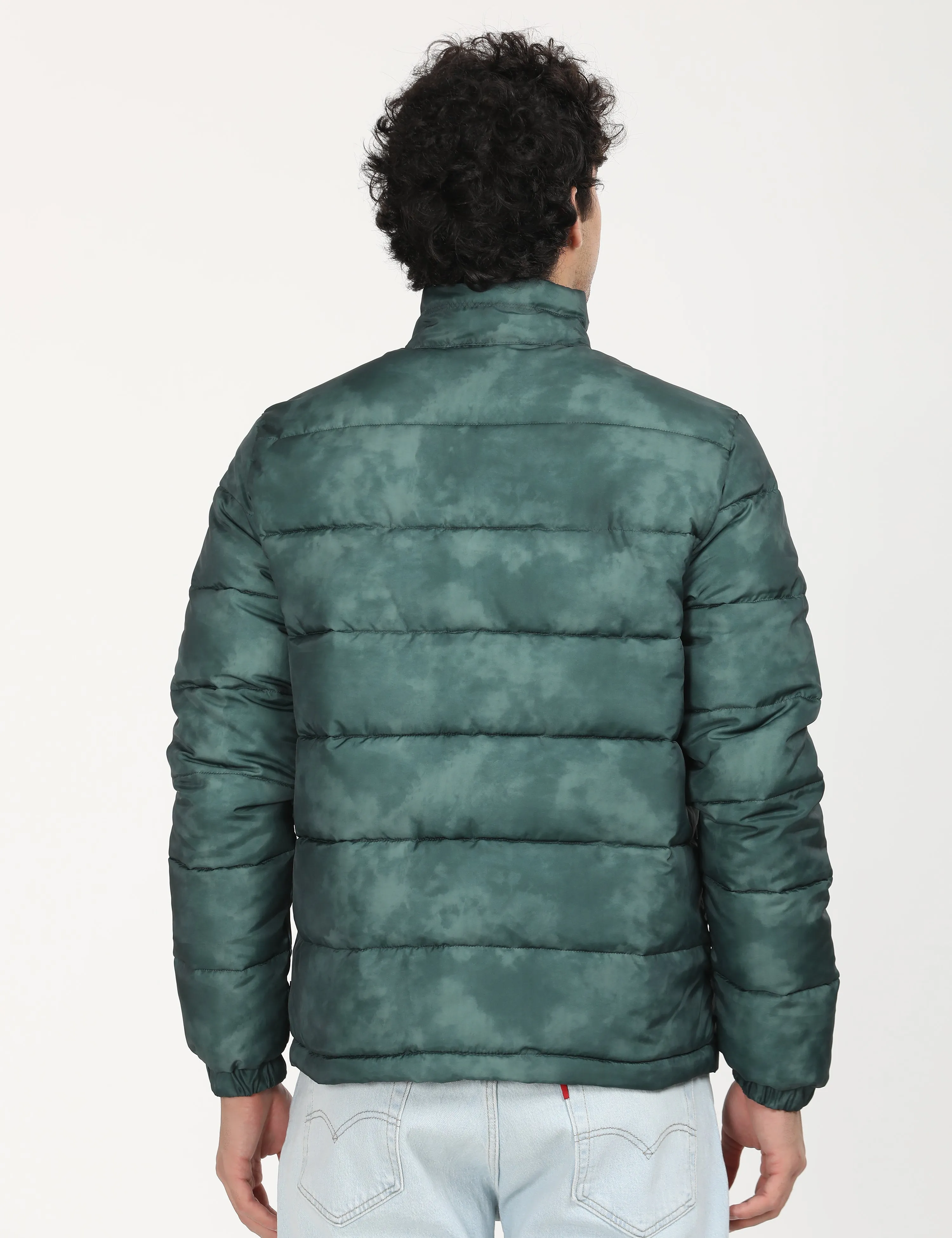 Men's Printed Teal High Neck Puffer Jacket