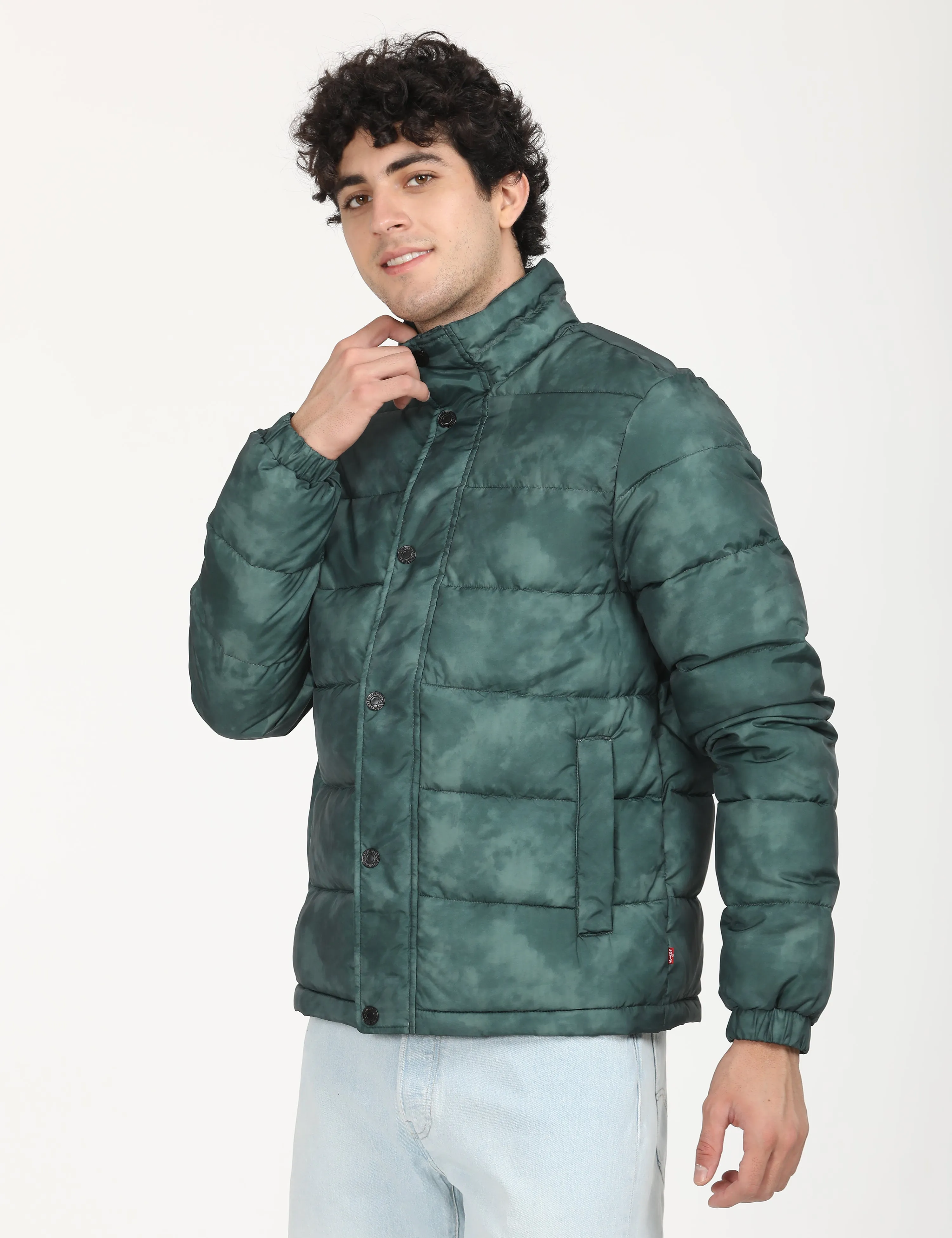 Men's Printed Teal High Neck Puffer Jacket