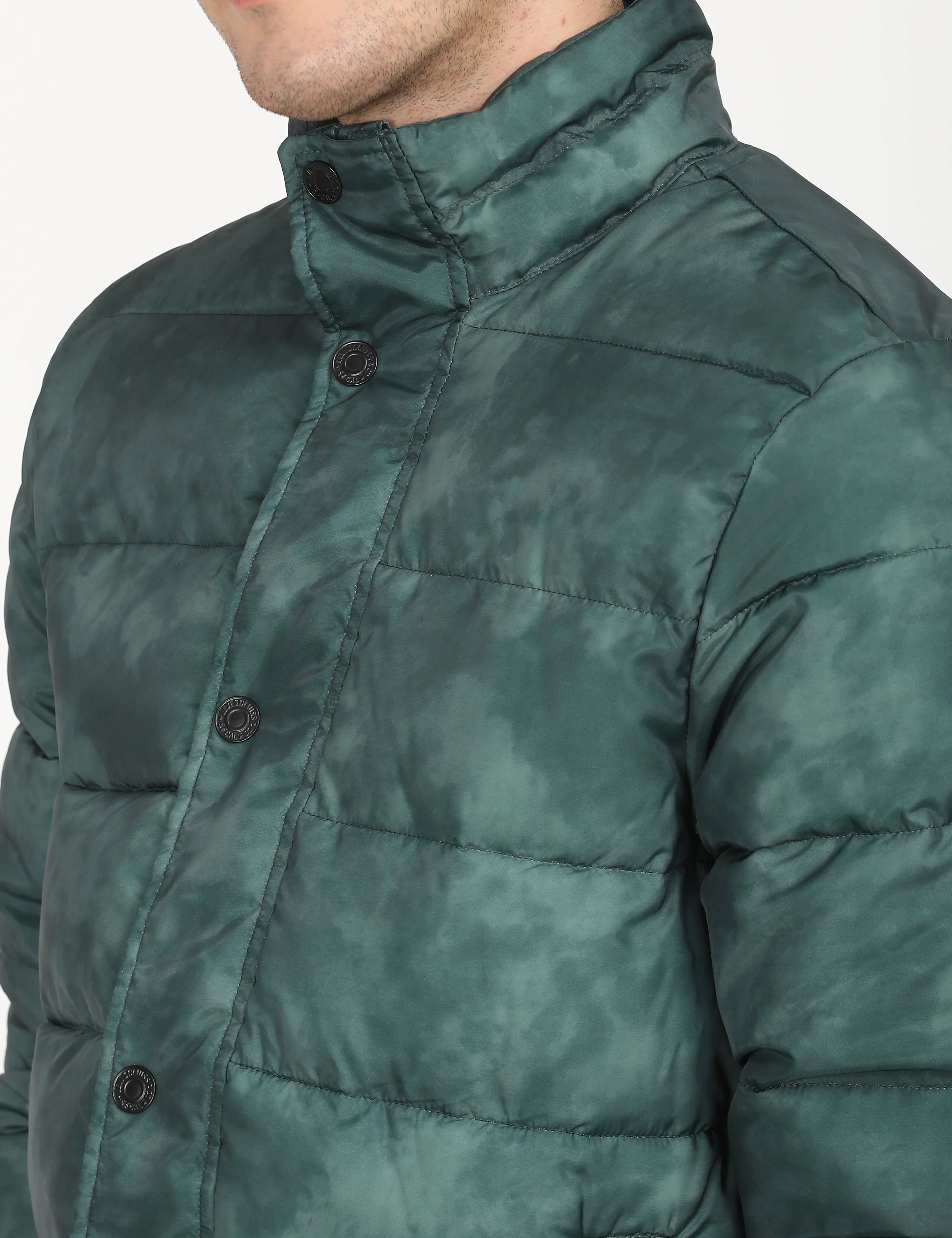 Men's Printed Teal High Neck Puffer Jacket