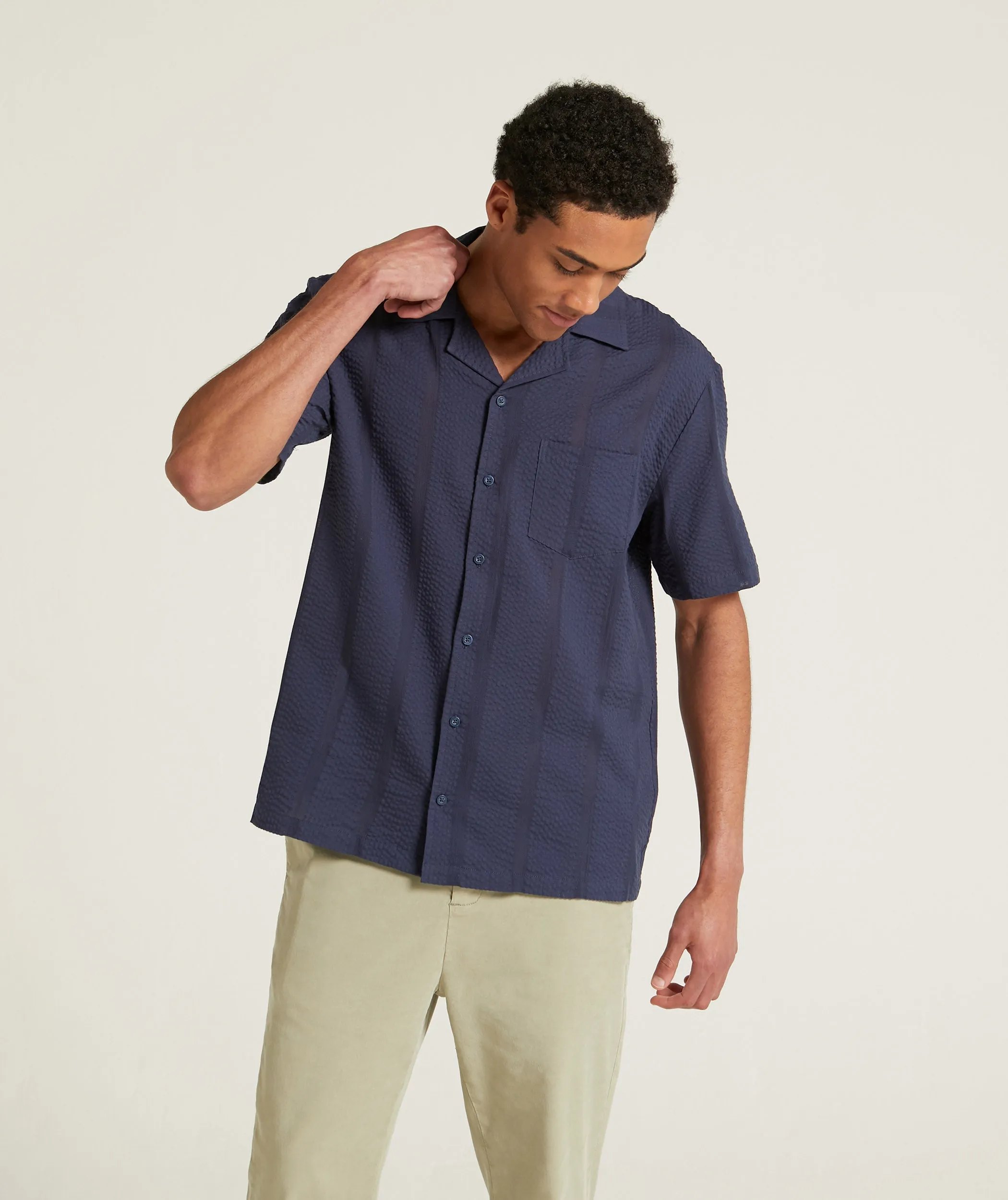 Mens Seersucker Stripe Shirt - Navy