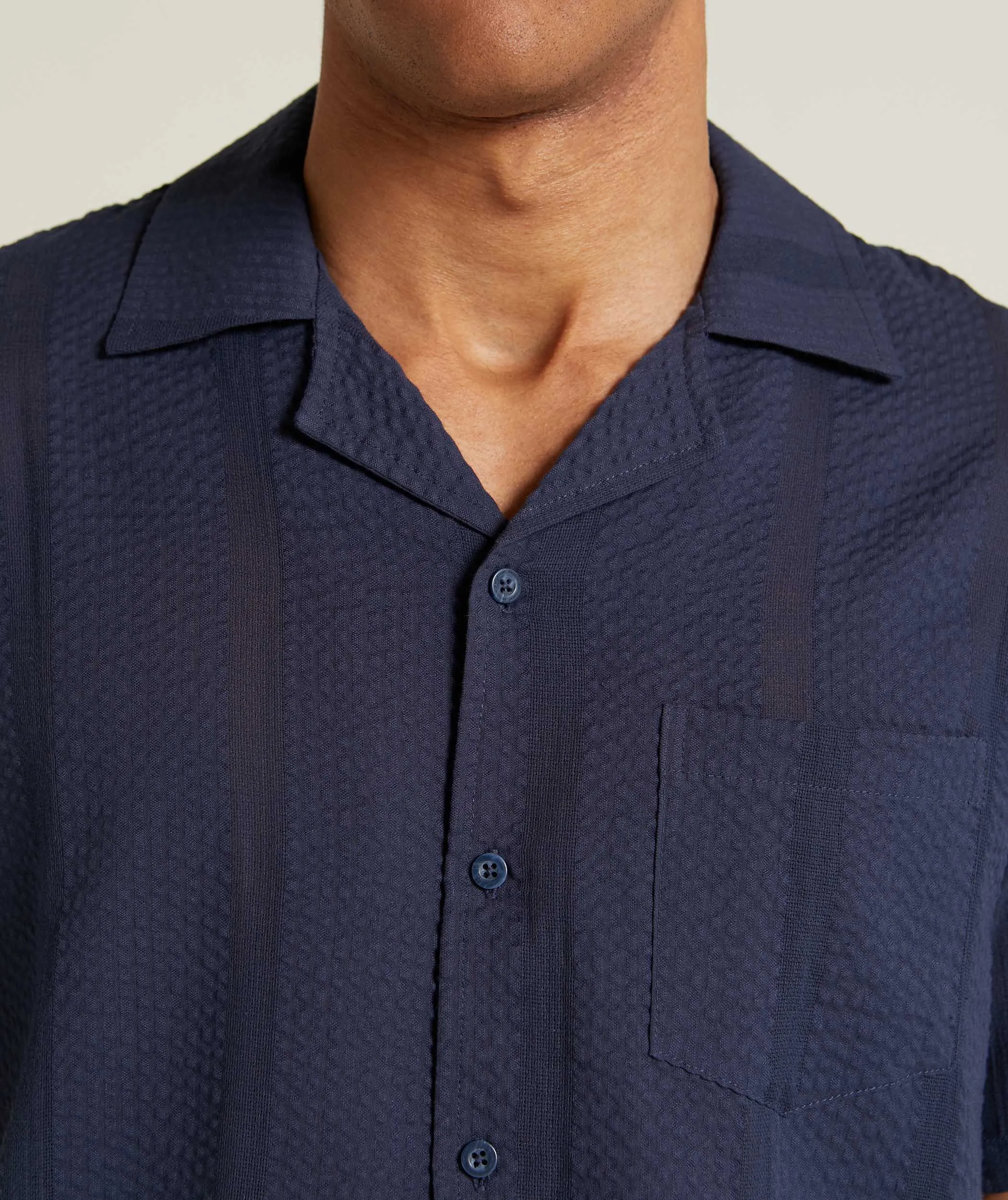 Mens Seersucker Stripe Shirt - Navy