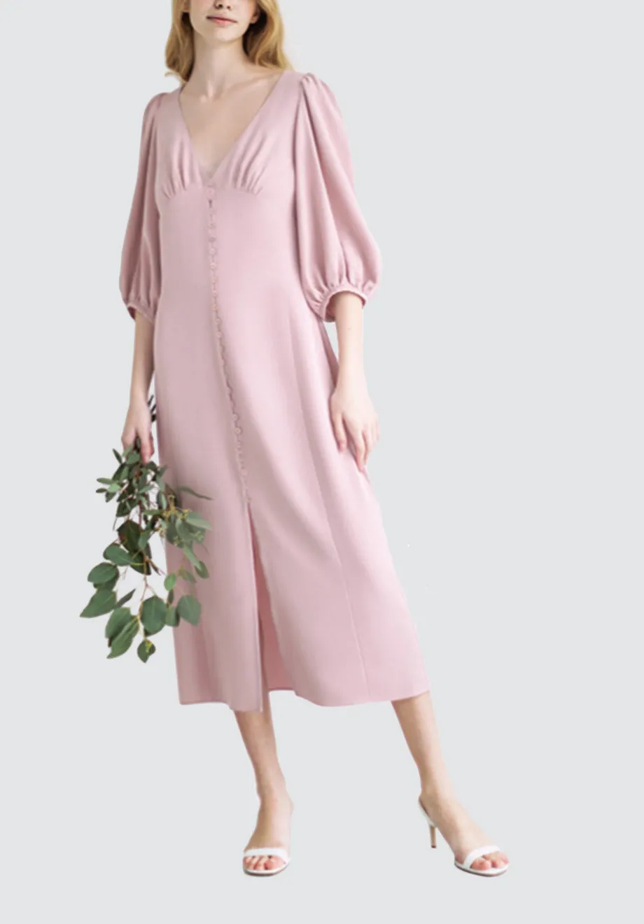 Midi Eucalyptus Dress with Voluminous Sleeves