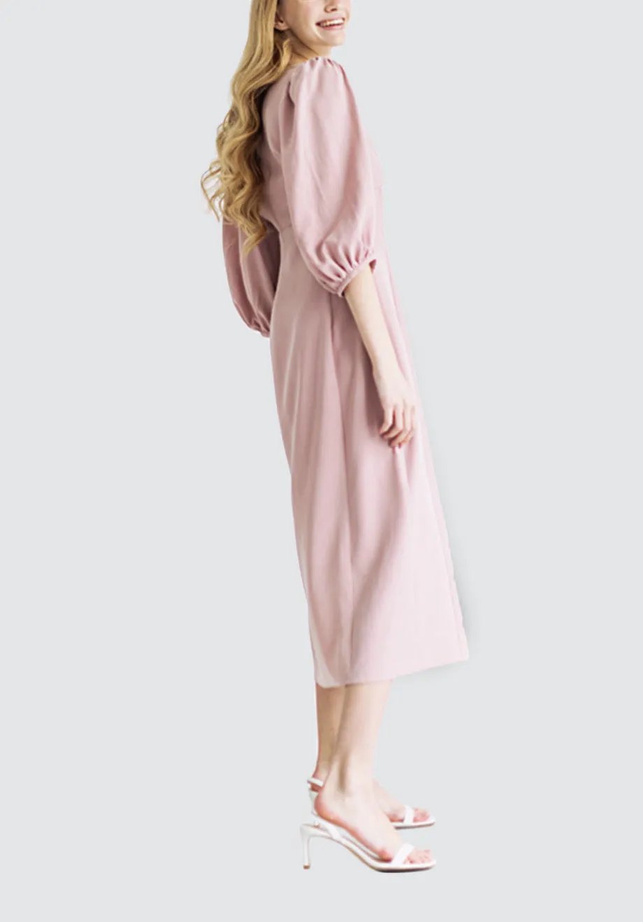 Midi Eucalyptus Dress with Voluminous Sleeves