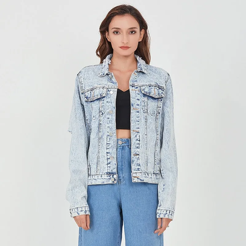 Minimalist Patchwork Single Breasted Jackets For Women Lapel Long Sleeve Casual Loose Denim Jacket Female Fashion