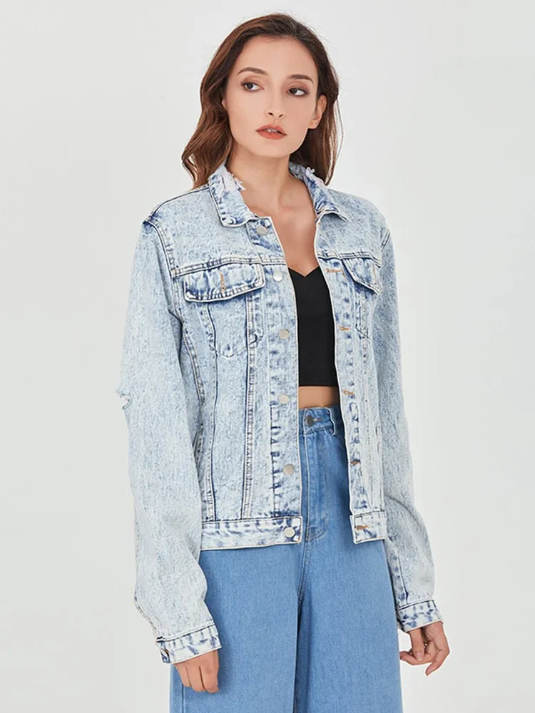 Minimalist Patchwork Single Breasted Jackets For Women Lapel Long Sleeve Casual Loose Denim Jacket Female Fashion