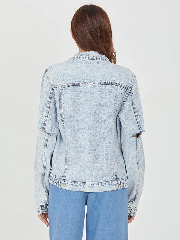 Minimalist Patchwork Single Breasted Jackets For Women Lapel Long Sleeve Casual Loose Denim Jacket Female Fashion