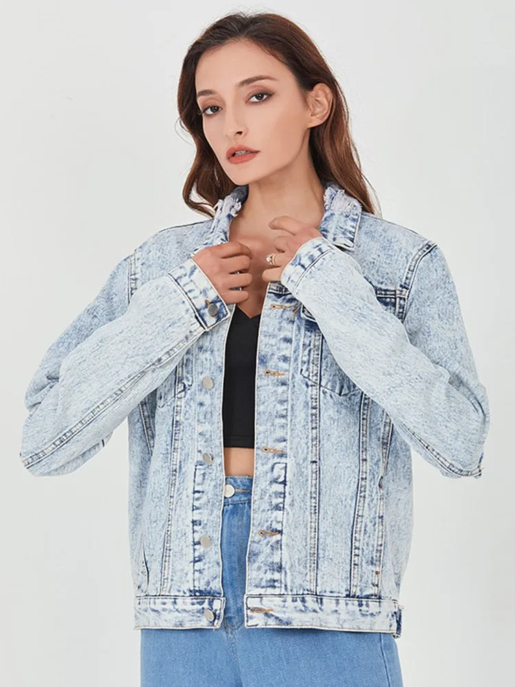 Minimalist Patchwork Single Breasted Jackets For Women Lapel Long Sleeve Casual Loose Denim Jacket Female Fashion