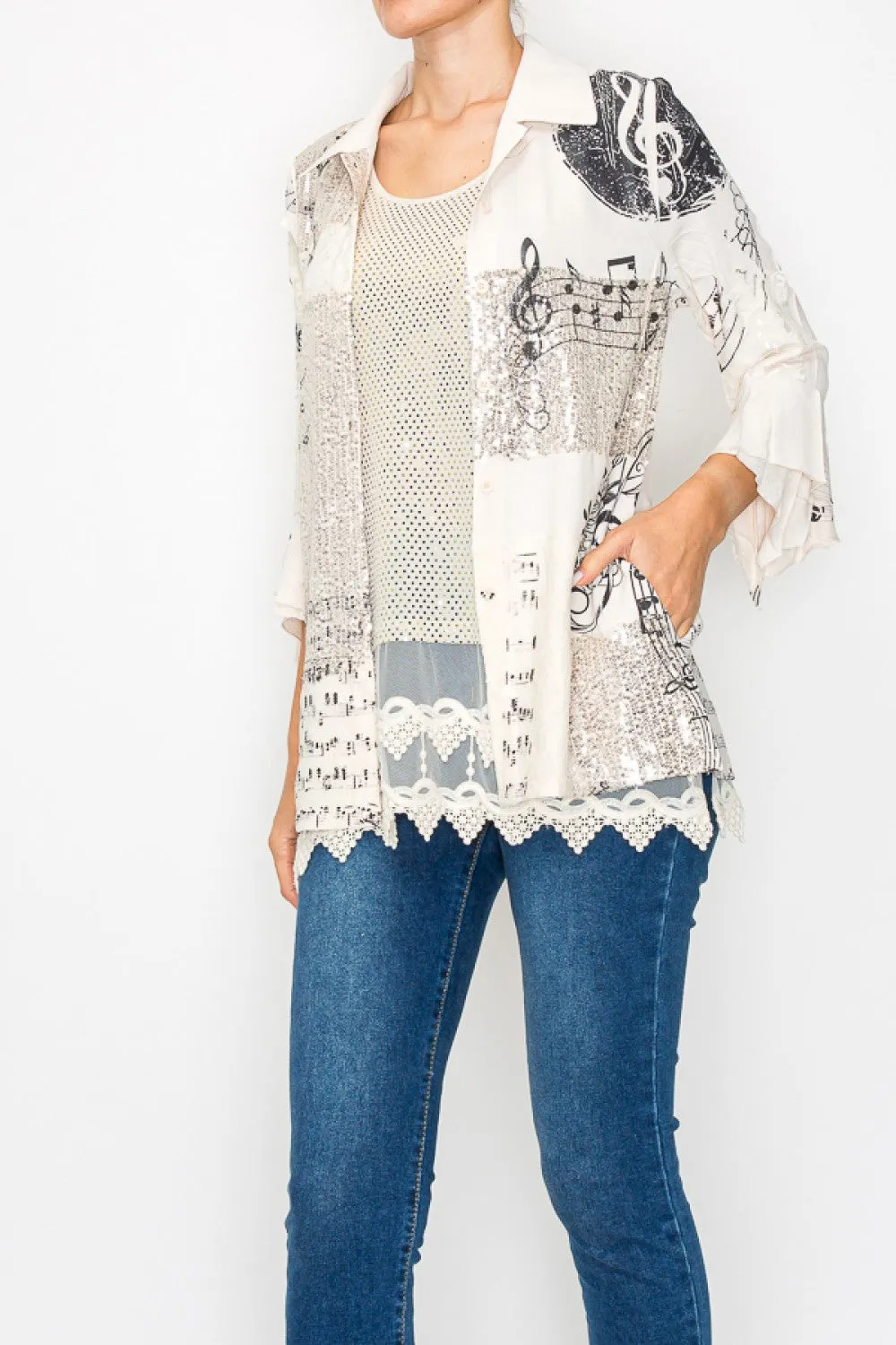 Music Inspired Embellished Button-Up Shirt