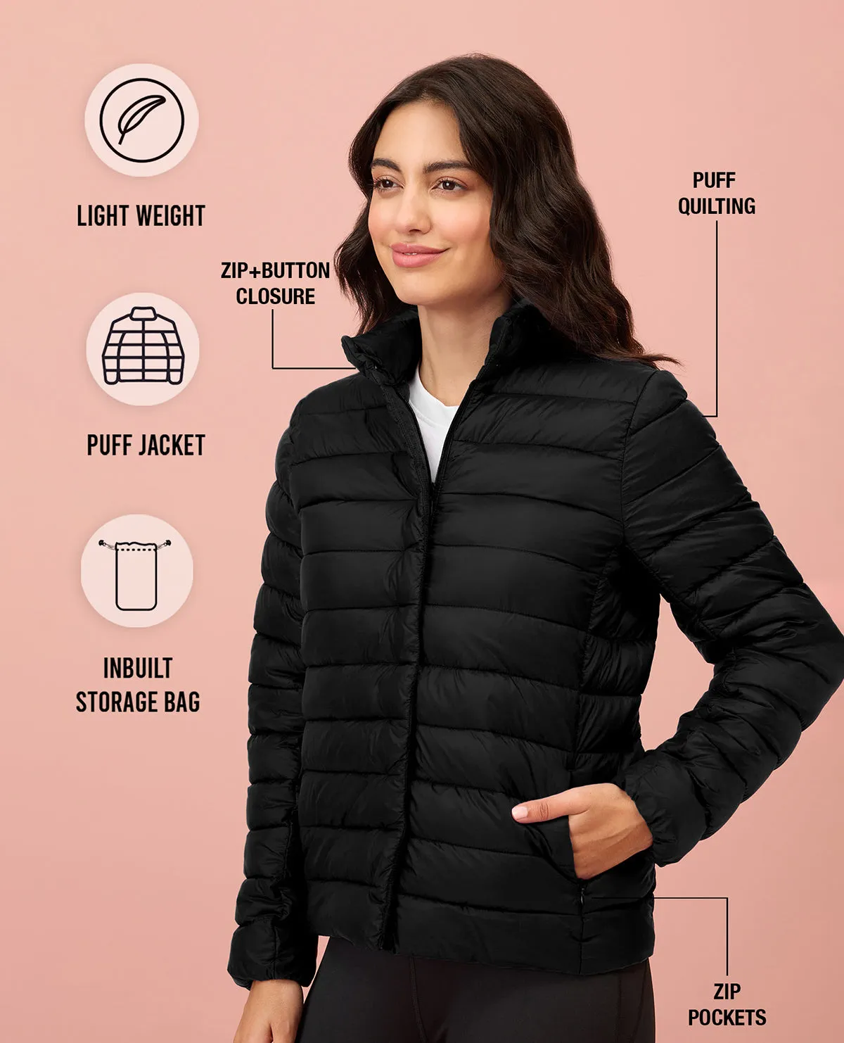 NYKD By Nykaa Ultra Light Weight Puffer Jacket with Inbuilt Bag (Set of 2)-NYAT405-Black