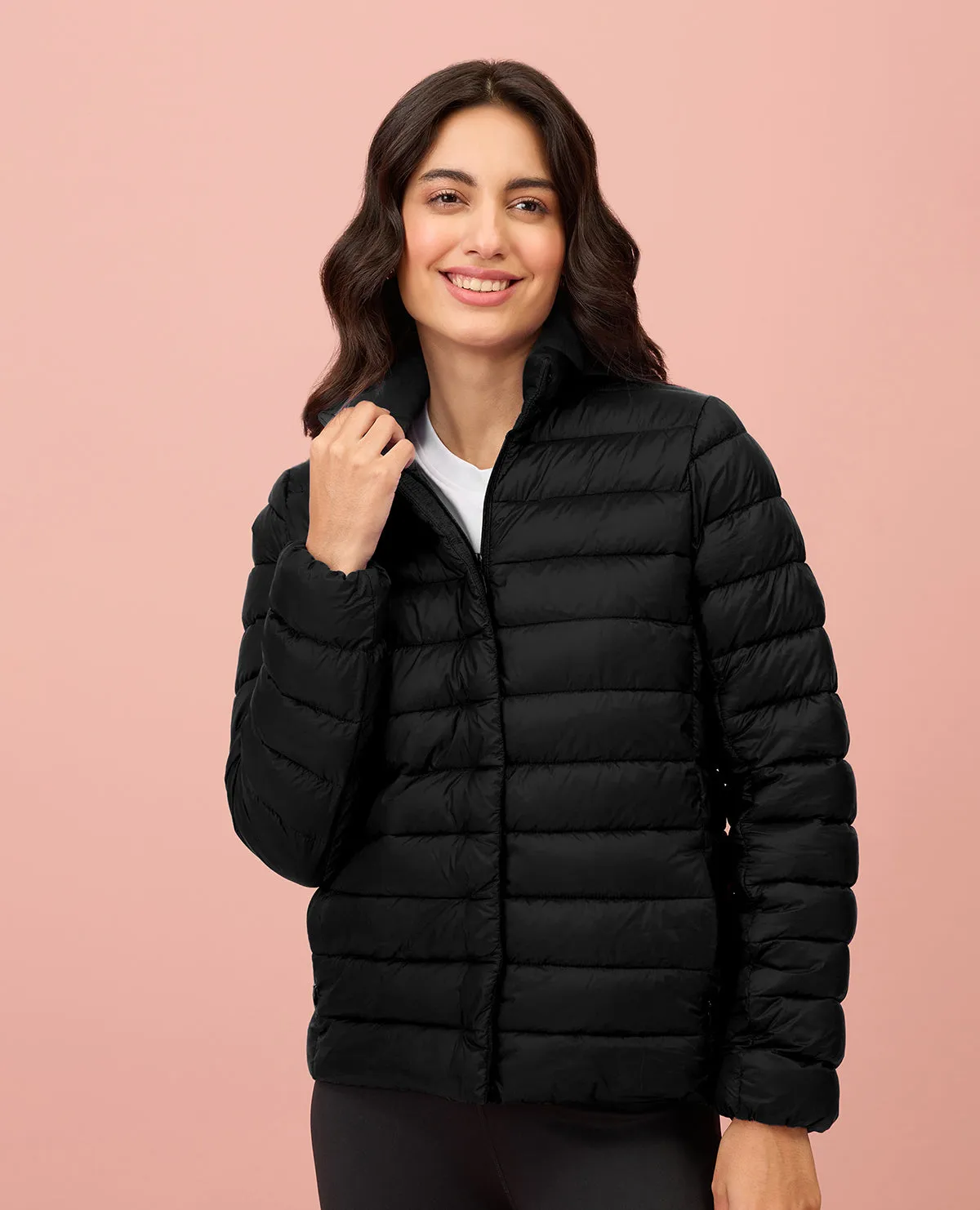 NYKD By Nykaa Ultra Light Weight Puffer Jacket with Inbuilt Bag (Set of 2)-NYAT405-Black