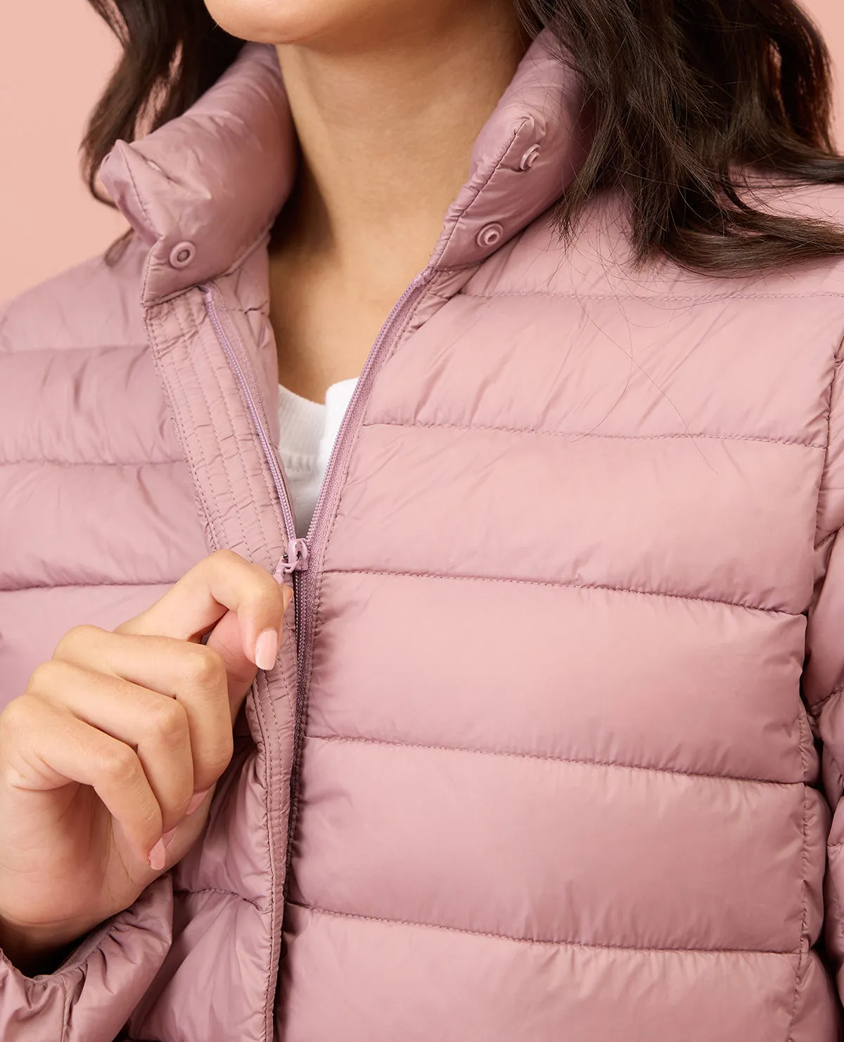 NYKD By Nykaa Ultra Light Weight Puffer Jacket with Inbuilt Bag (Set of 2)-NYAT405-Blush