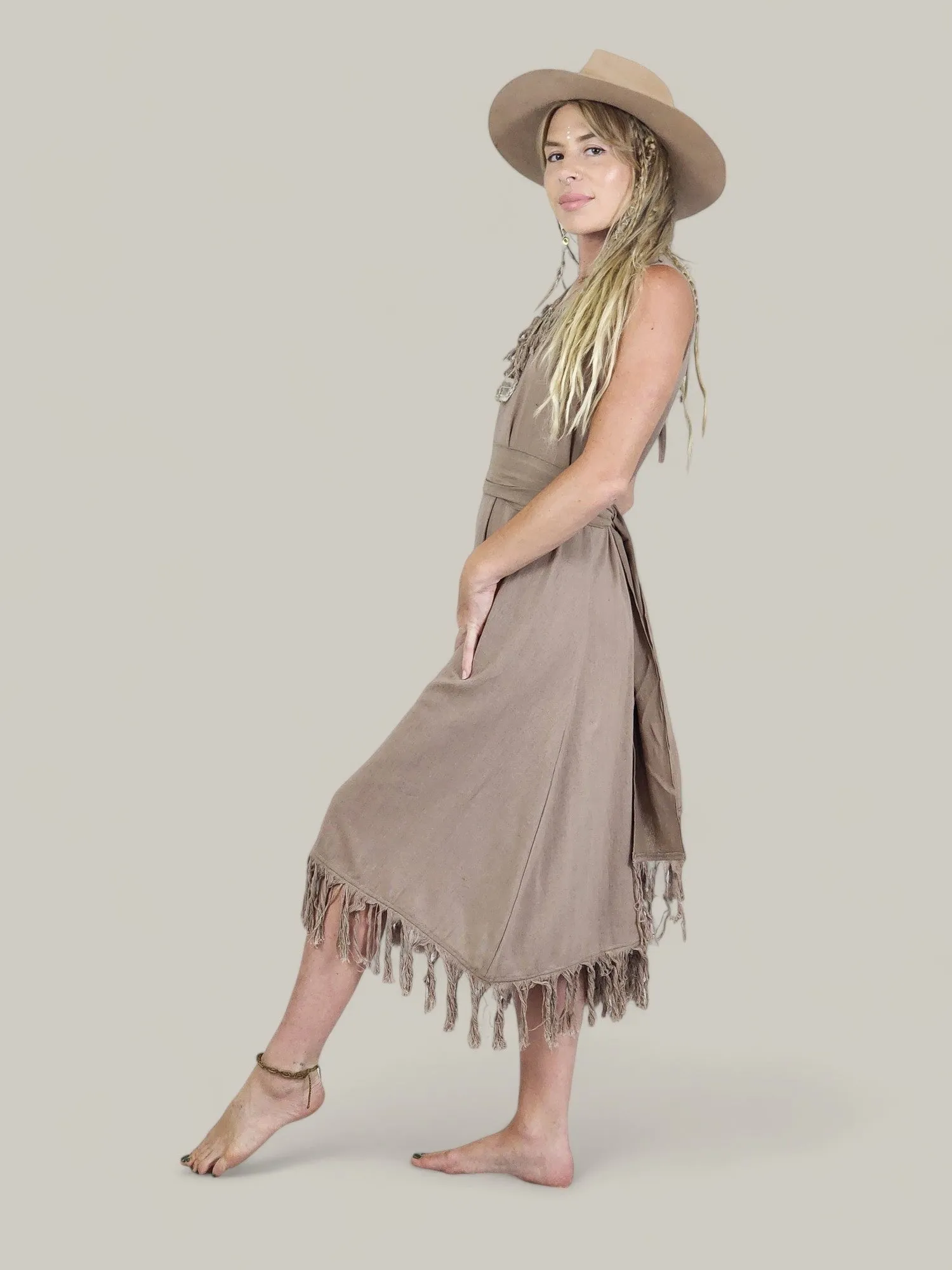 Organic Cotton Dusty Rose Fringe Dress (Open Back)