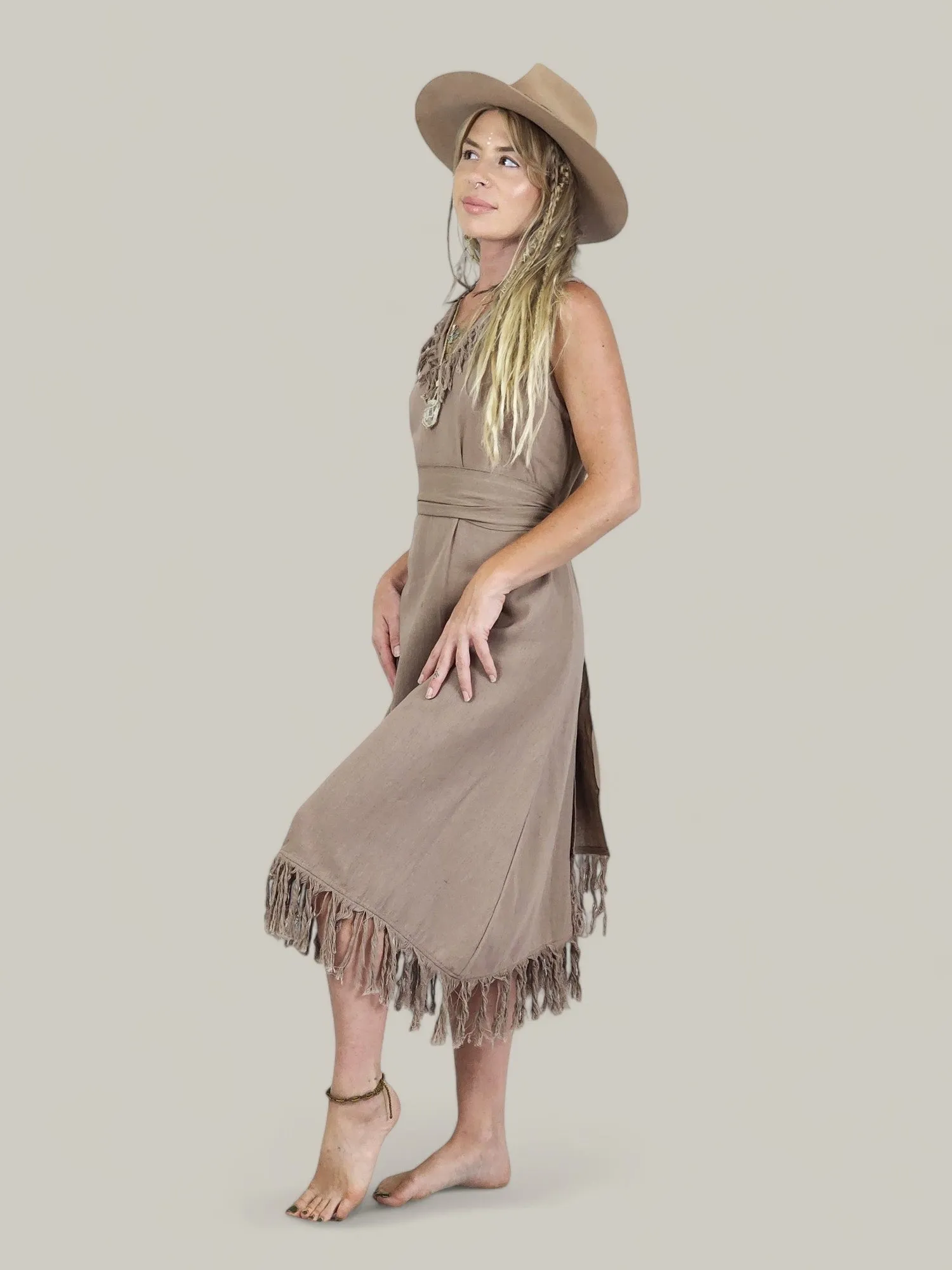 Organic Cotton Dusty Rose Fringe Dress (Open Back)