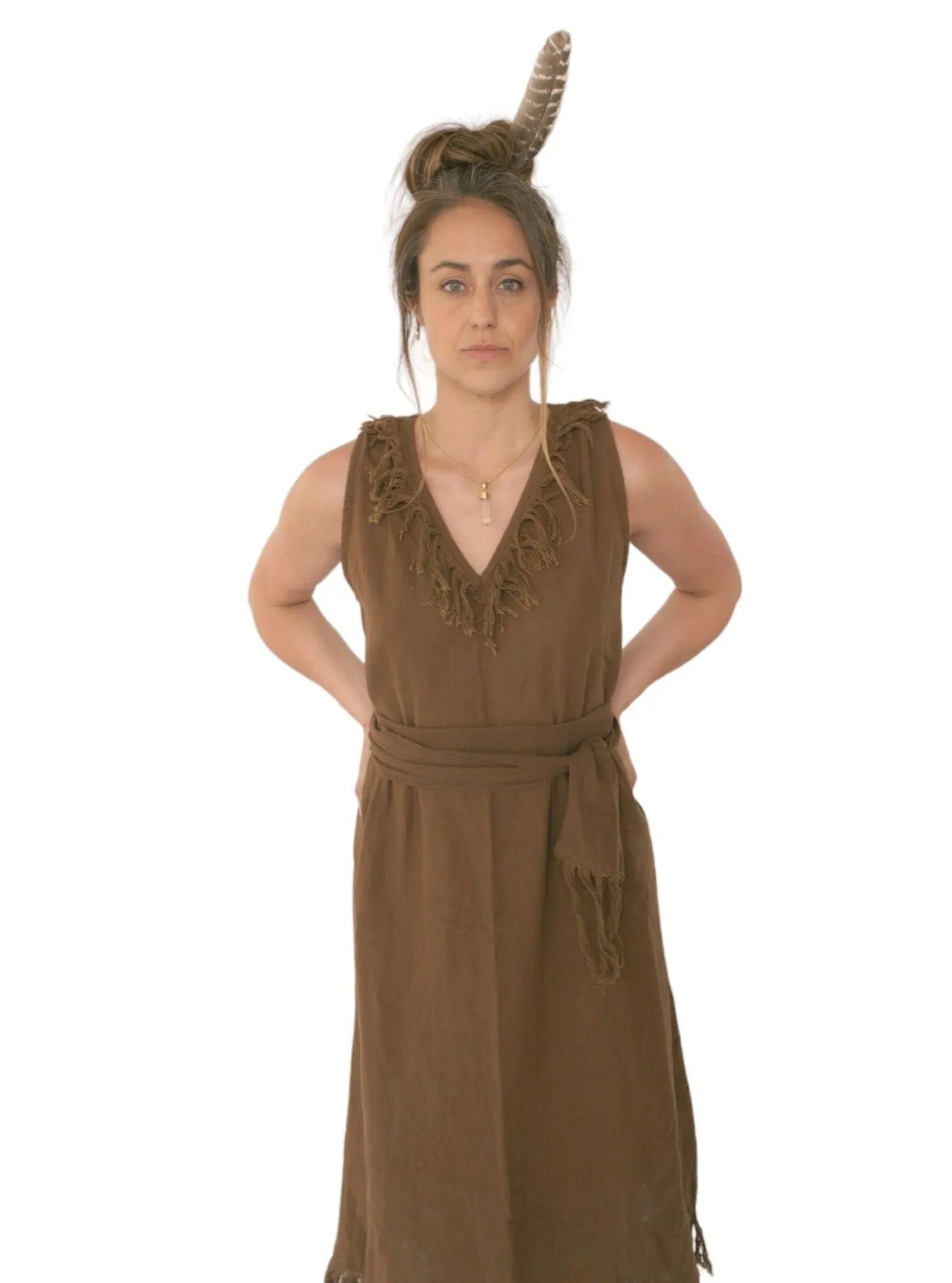 Organic Cotton Earth Brown Fringe Dress (Open Back)