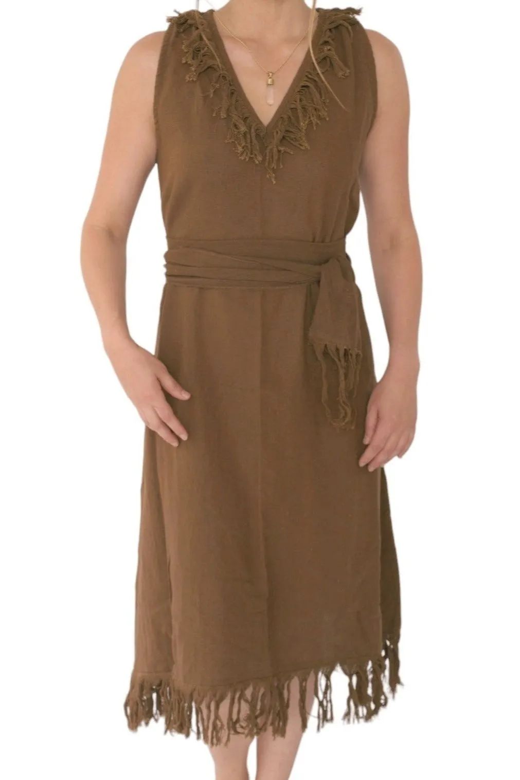 Organic Cotton Earth Brown Fringe Dress (Open Back)