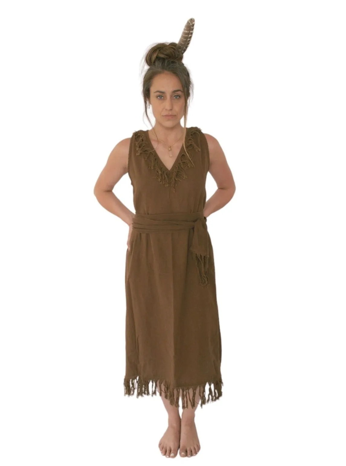 Organic Cotton Earth Brown Fringe Dress (Open Back)