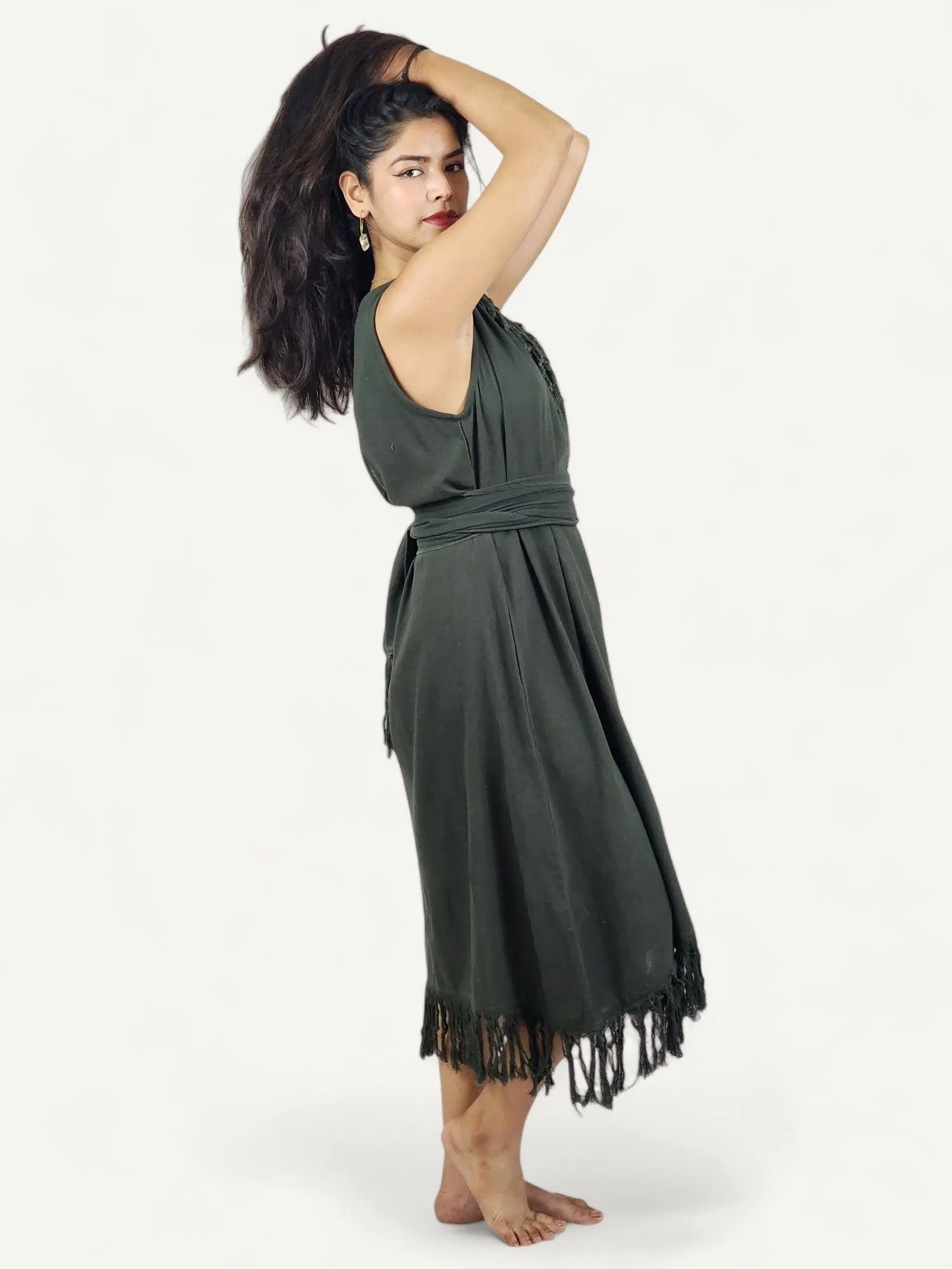 Organic Cotton Forest Green Fringe Dress (Open Back)