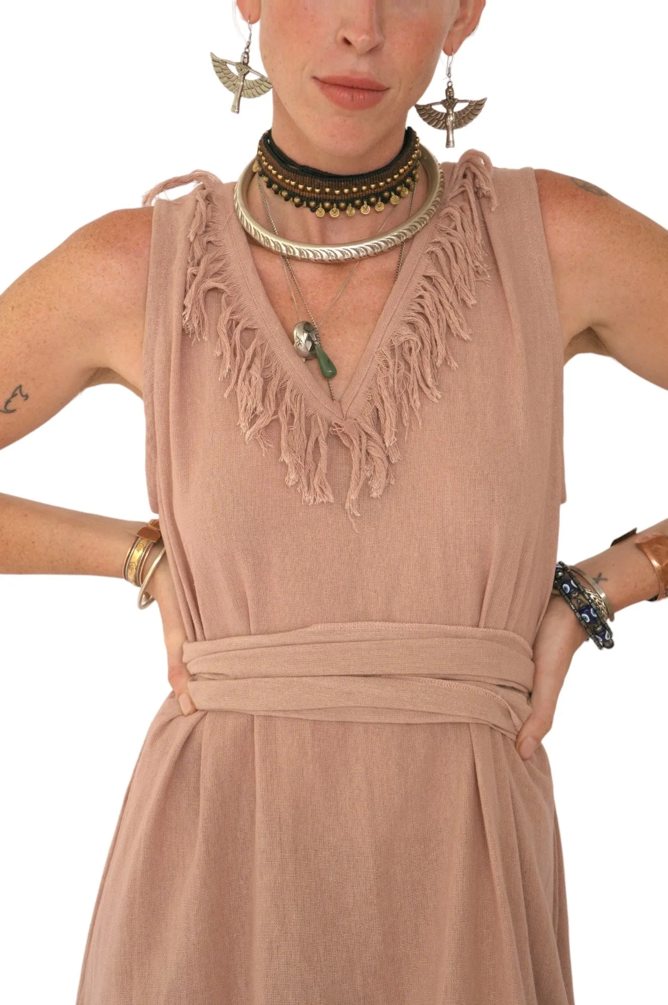 Organic Cotton Light Pink Fringe Dress (Open Back)