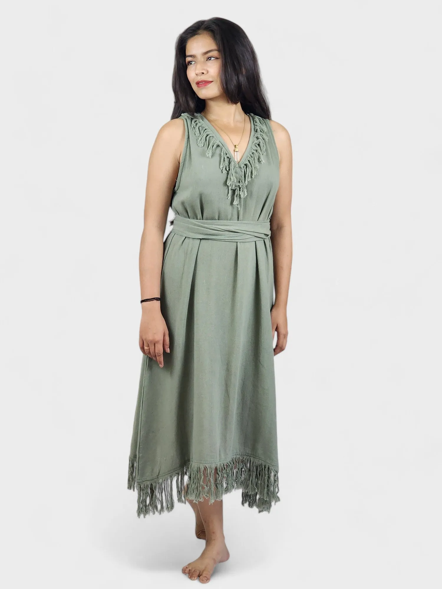 Organic Cotton Sage Fringe Dress (Open Back)