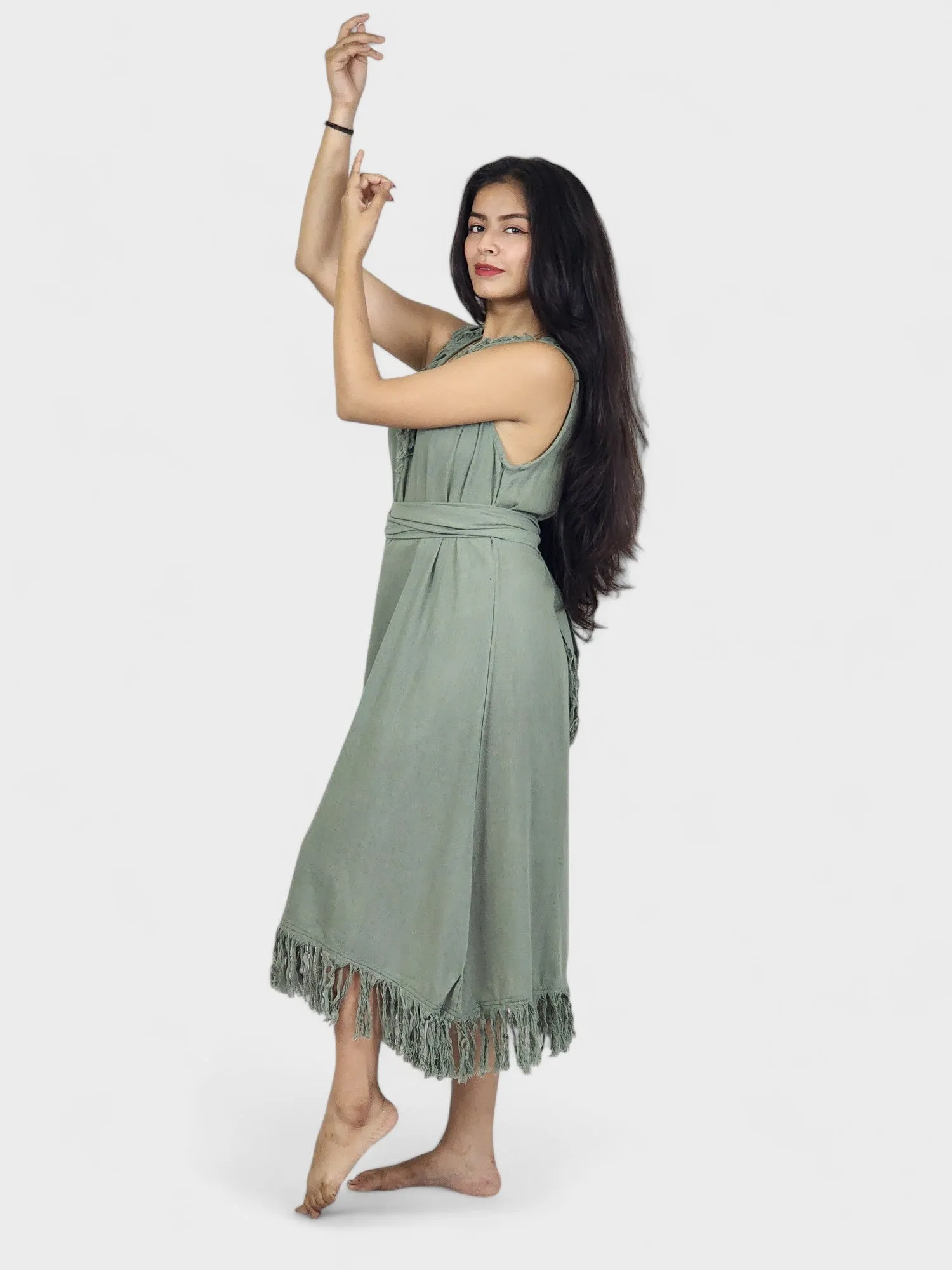 Organic Cotton Sage Fringe Dress (Open Back)