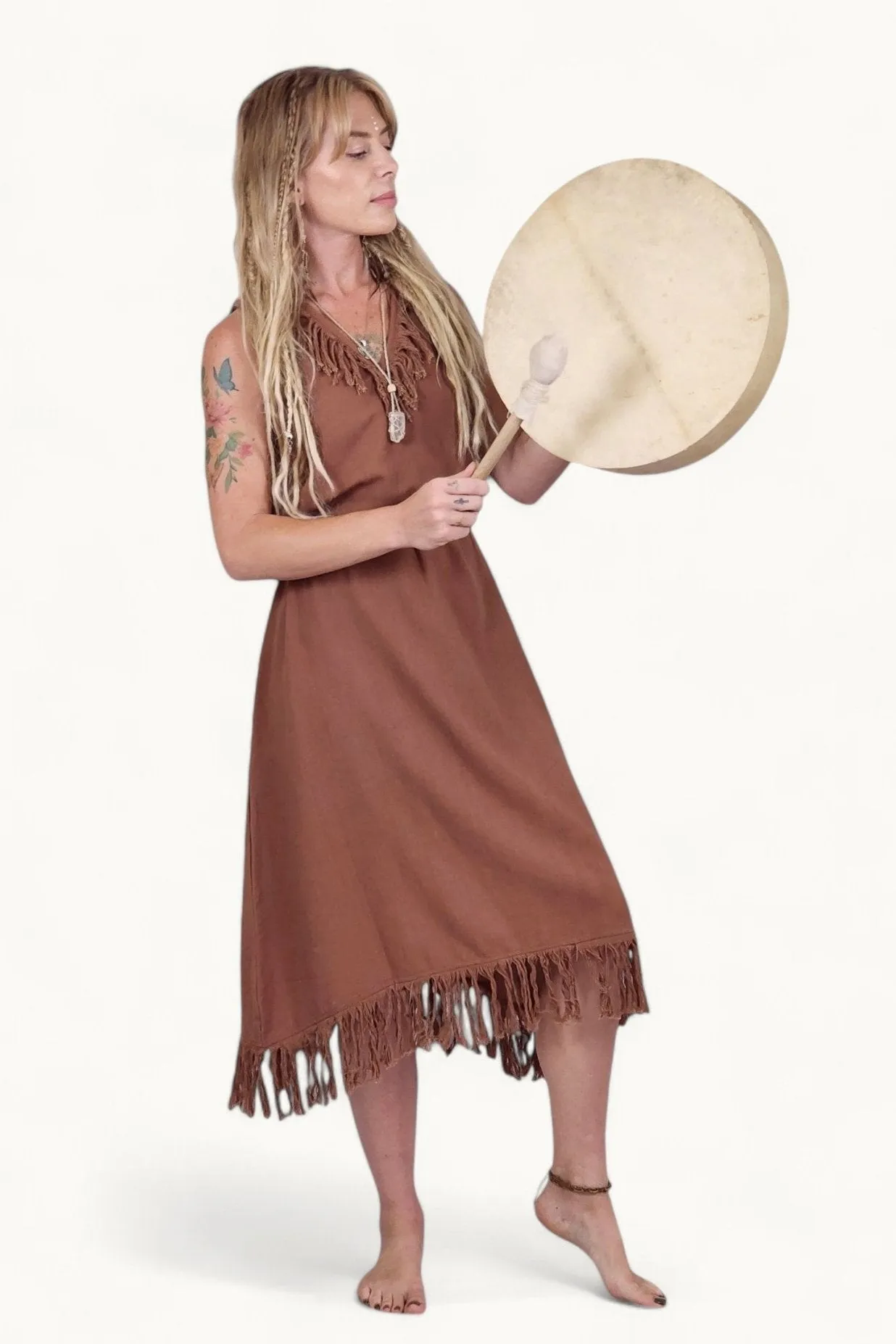 Organic Cotton Terracotta Fringe Dress (Open Back)