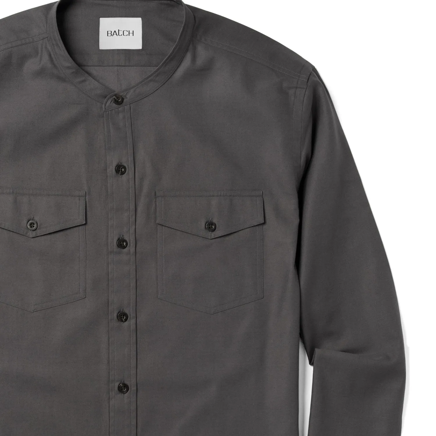 Pioneer Band Collar Utility Shirt – Slate Gray Mercerized Cotton