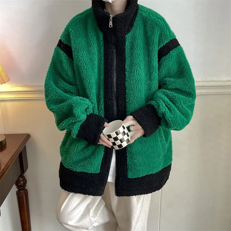 Plus Size 5XL-M New Men Winter Berber Fleece Jacket Parka Coat Patchwork Color Mens Stand Collar Casual Thick Warm Jacket Man