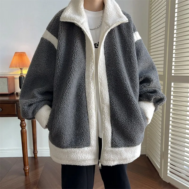 Plus Size 5XL-M New Men Winter Berber Fleece Jacket Parka Coat Patchwork Color Mens Stand Collar Casual Thick Warm Jacket Man